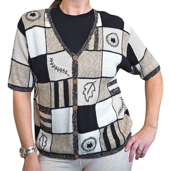 Vintage 90s M Cream Black Patchwork Checkered‎ Hand Embroidered Leaves Cardigan - Picture 1 of 8